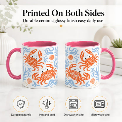 #pl[11oz|Pink] Folk Art Crab Ceramic Mug, Coastal Sea Life Art for Ocean Lovers