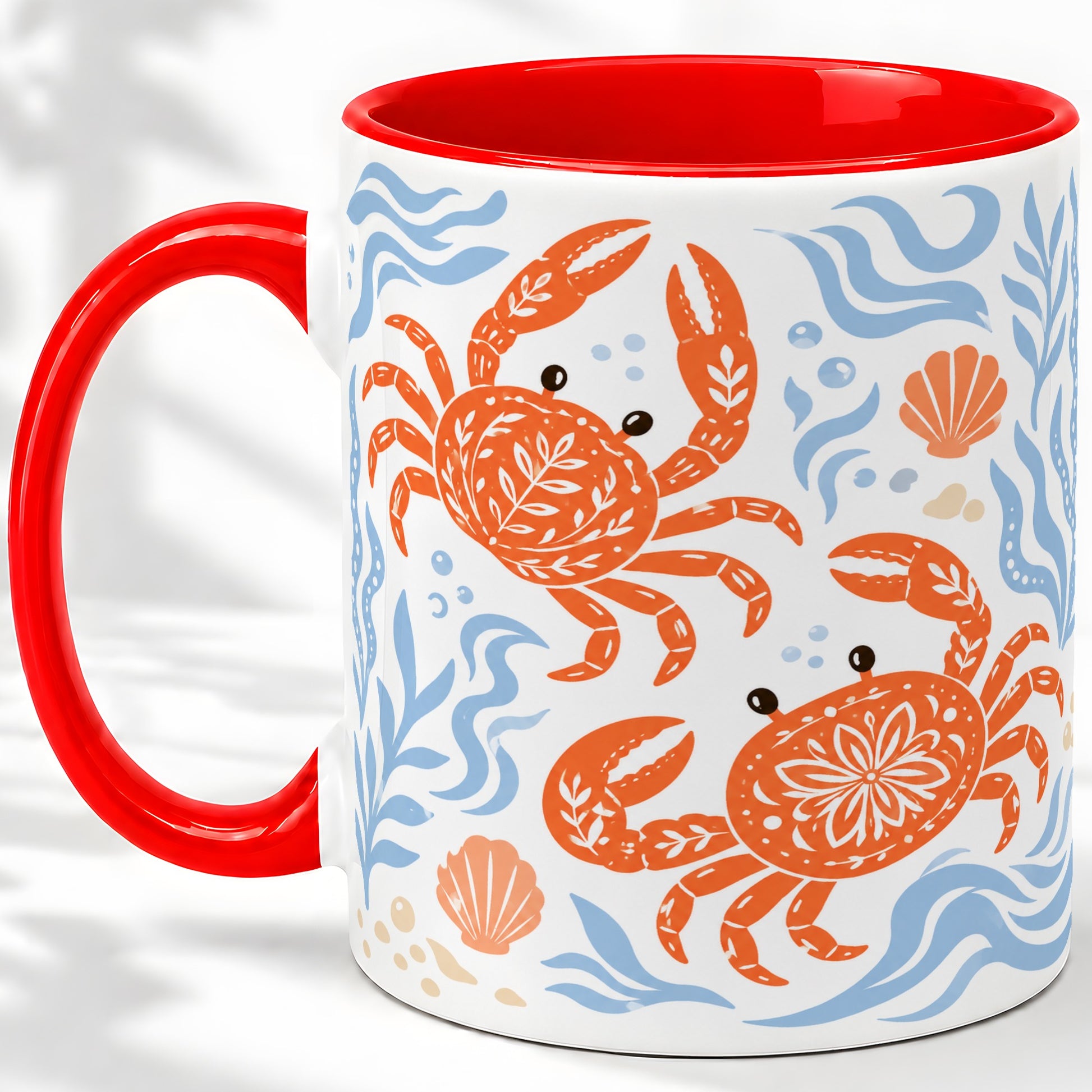 Folk Art Crab Ceramic Mug, Coastal Sea Life Art for Ocean Lovers