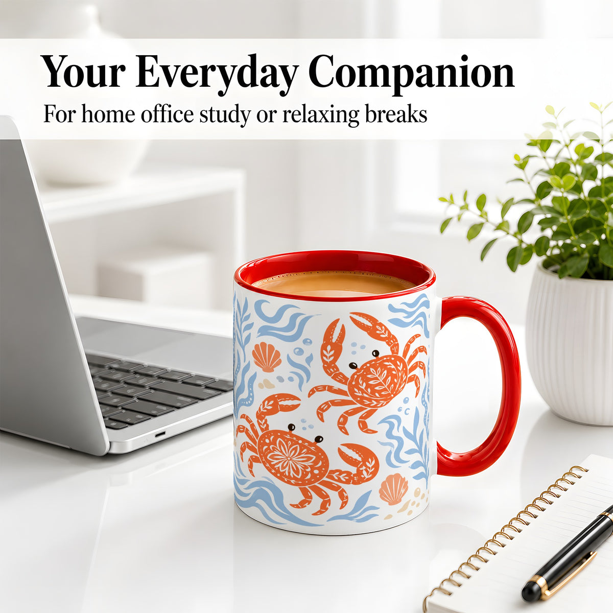 #pl[11oz|Red] Folk Art Crab Ceramic Mug, Coastal Sea Life Art for Ocean Lovers