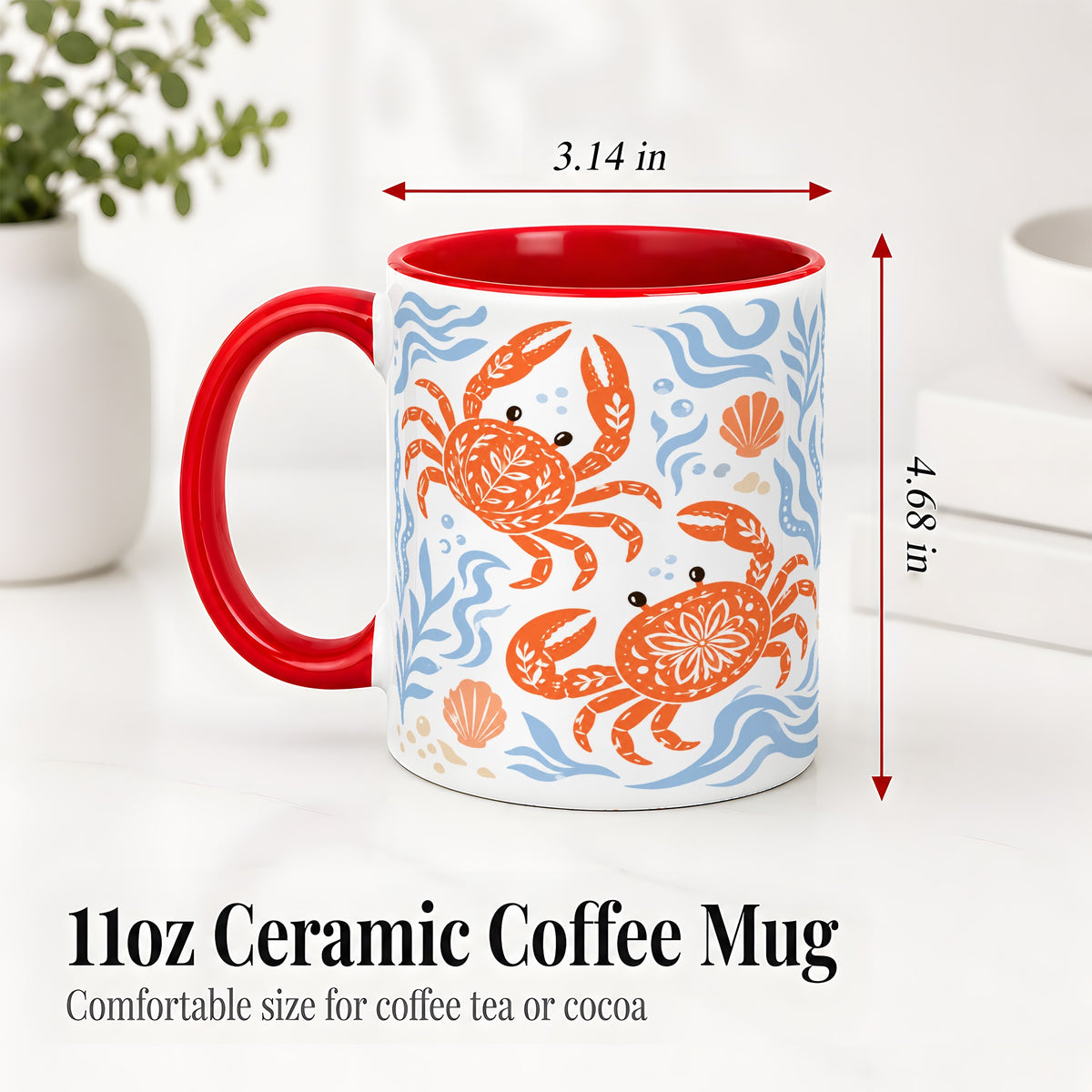#pl[11oz|Red] Folk Art Crab Ceramic Mug, Coastal Sea Life Art for Ocean Lovers