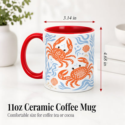 #pl[11oz|Red] Folk Art Crab Ceramic Mug, Coastal Sea Life Art for Ocean Lovers