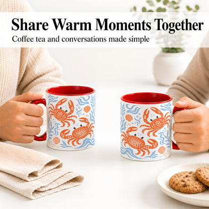 #pl[11oz|Red] Folk Art Crab Ceramic Mug, Coastal Sea Life Art for Ocean Lovers