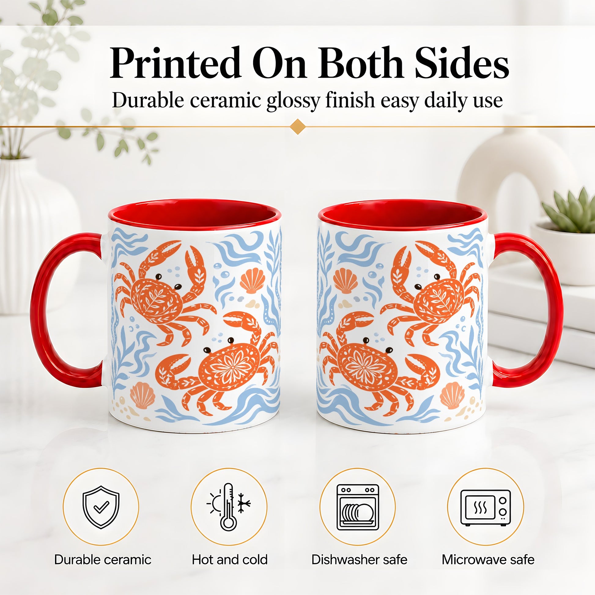 #pl[11oz|Red] Folk Art Crab Ceramic Mug, Coastal Sea Life Art for Ocean Lovers