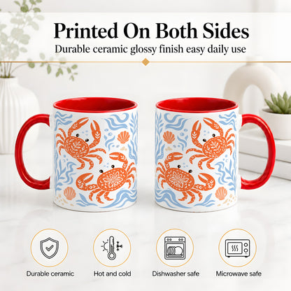 #pl[11oz|Red] Folk Art Crab Ceramic Mug, Coastal Sea Life Art for Ocean Lovers