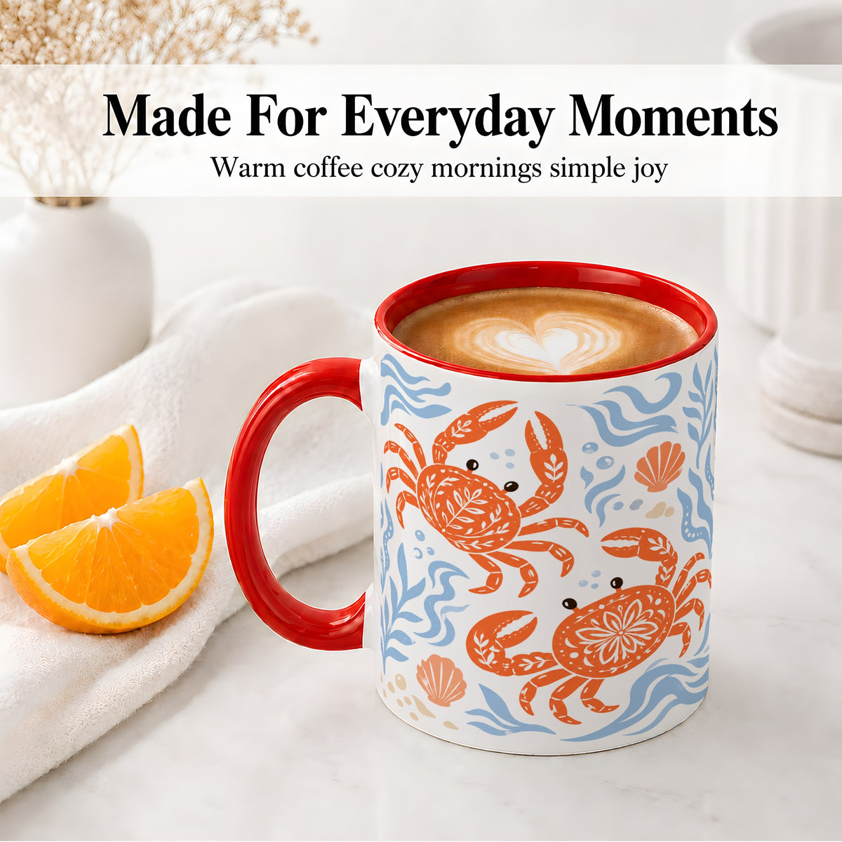 #pl[11oz|Red] Folk Art Crab Ceramic Mug, Coastal Sea Life Art for Ocean Lovers