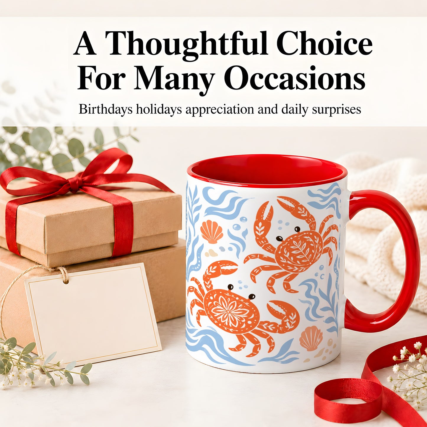 #pl[11oz|Red] Folk Art Crab Ceramic Mug, Coastal Sea Life Art for Ocean Lovers