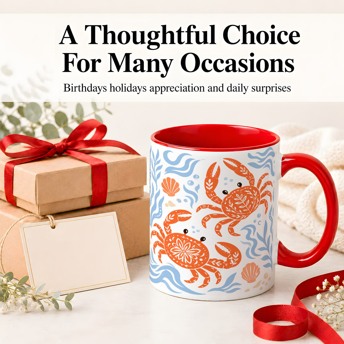 #pl[11oz|Red] Folk Art Crab Ceramic Mug, Coastal Sea Life Art for Ocean Lovers