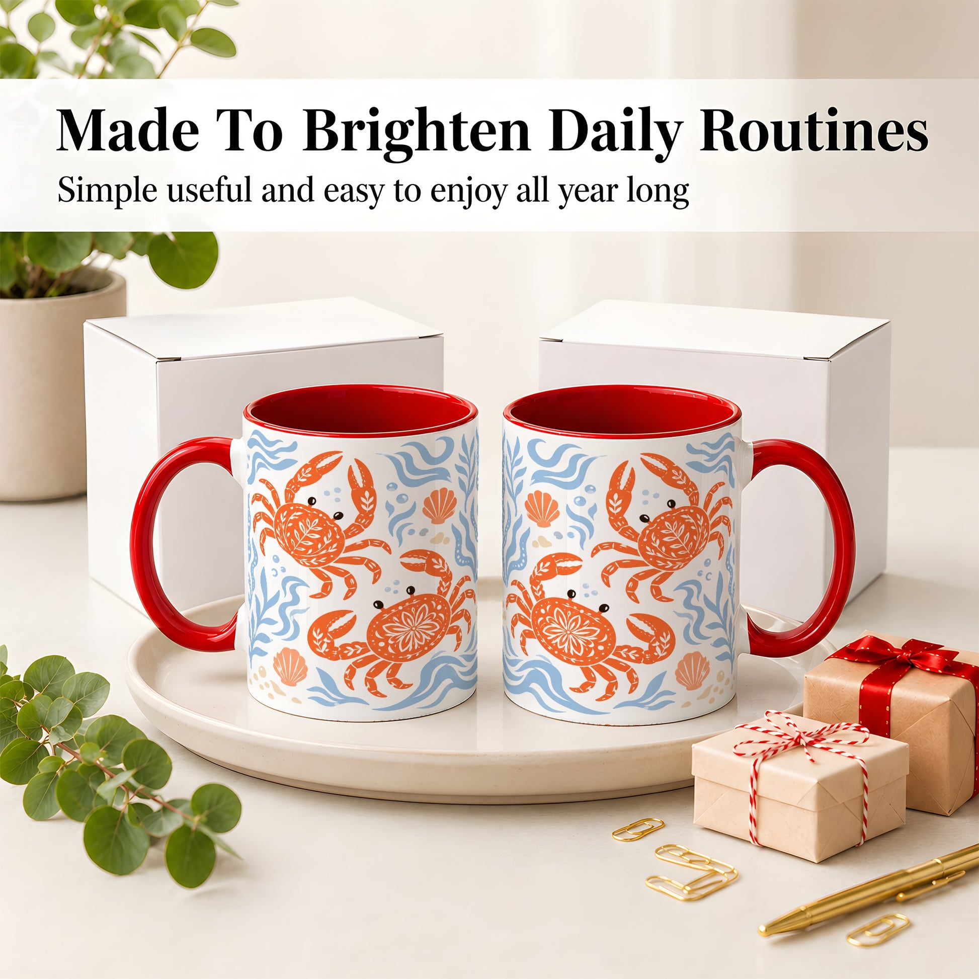 #pl[11oz|Red] Folk Art Crab Ceramic Mug, Coastal Sea Life Art for Ocean Lovers