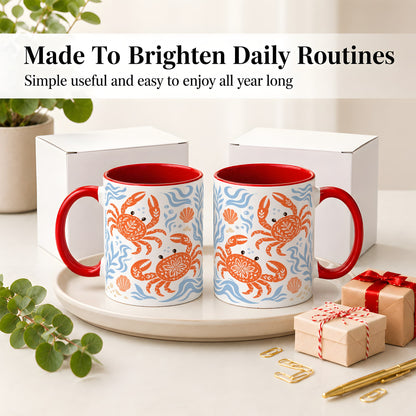 #pl[11oz|Red] Folk Art Crab Ceramic Mug, Coastal Sea Life Art for Ocean Lovers