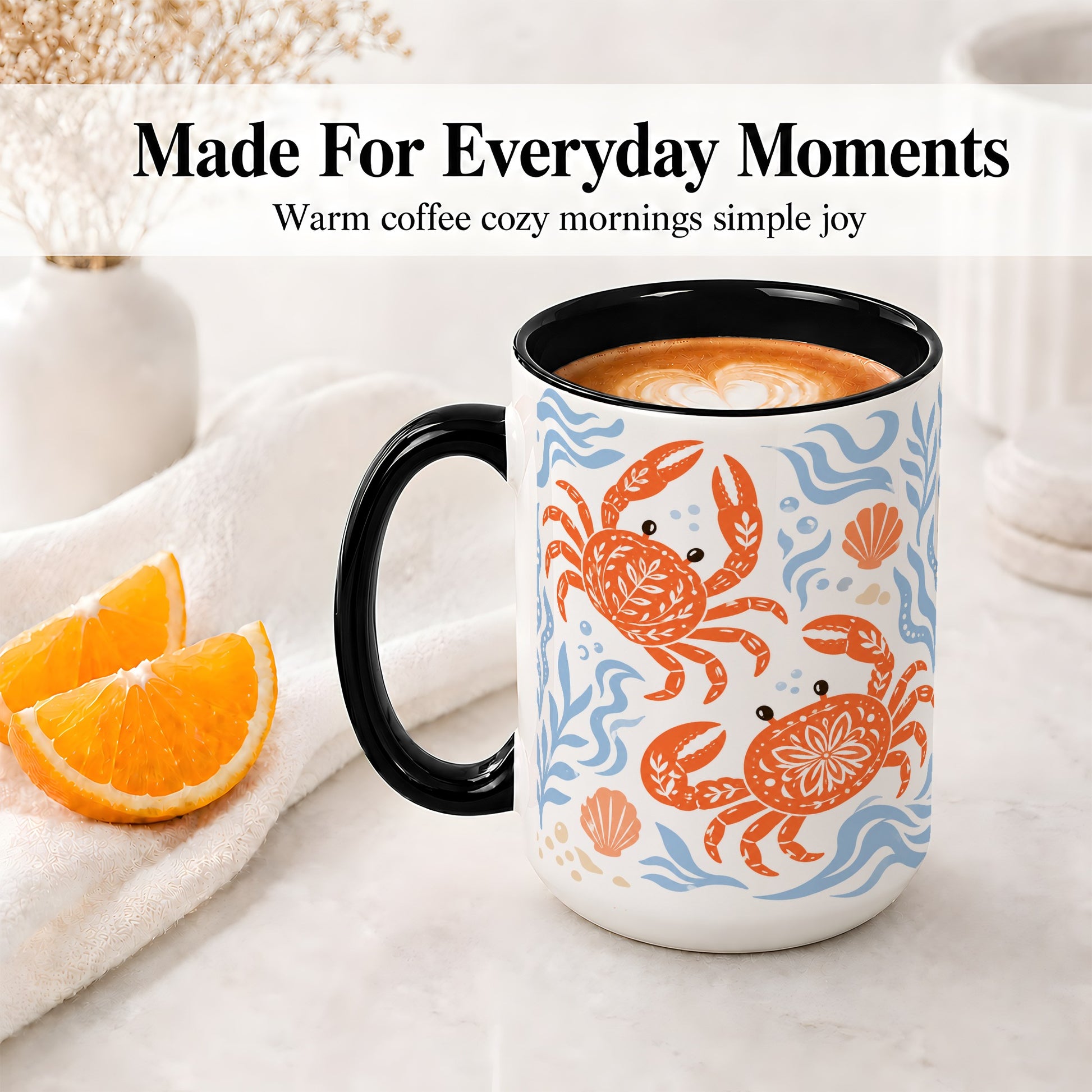 #pl[15oz|Black] Folk Art Crab Ceramic Mug, Coastal Sea Life Art for Ocean Lovers