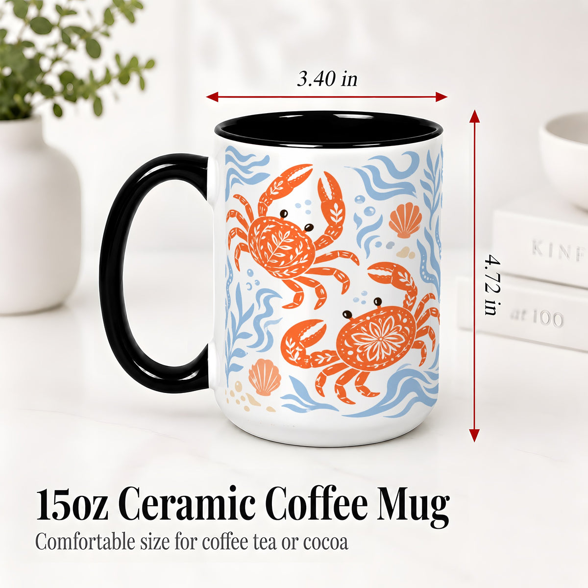 #pl[15oz|Black] Folk Art Crab Ceramic Mug, Coastal Sea Life Art for Ocean Lovers