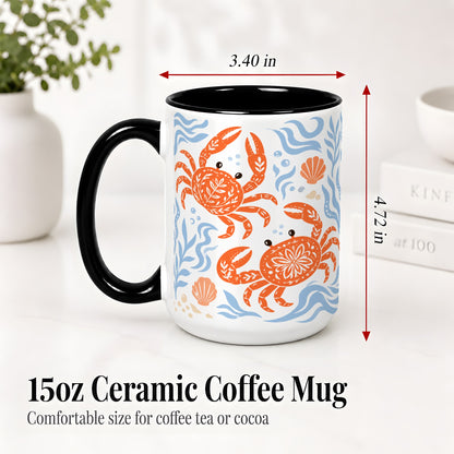 #pl[15oz|Black] Folk Art Crab Ceramic Mug, Coastal Sea Life Art for Ocean Lovers
