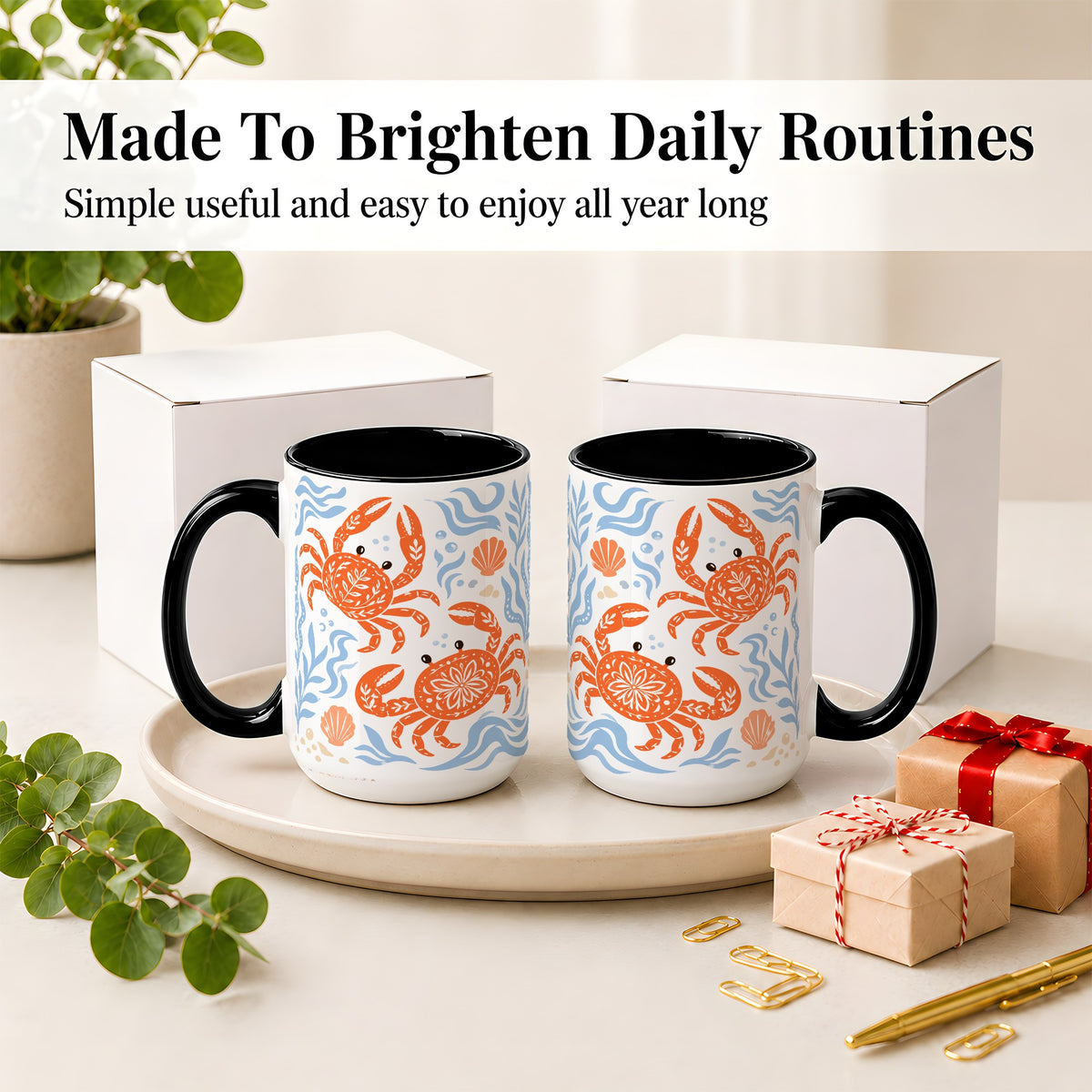 #pl[15oz|Black] Folk Art Crab Ceramic Mug, Coastal Sea Life Art for Ocean Lovers