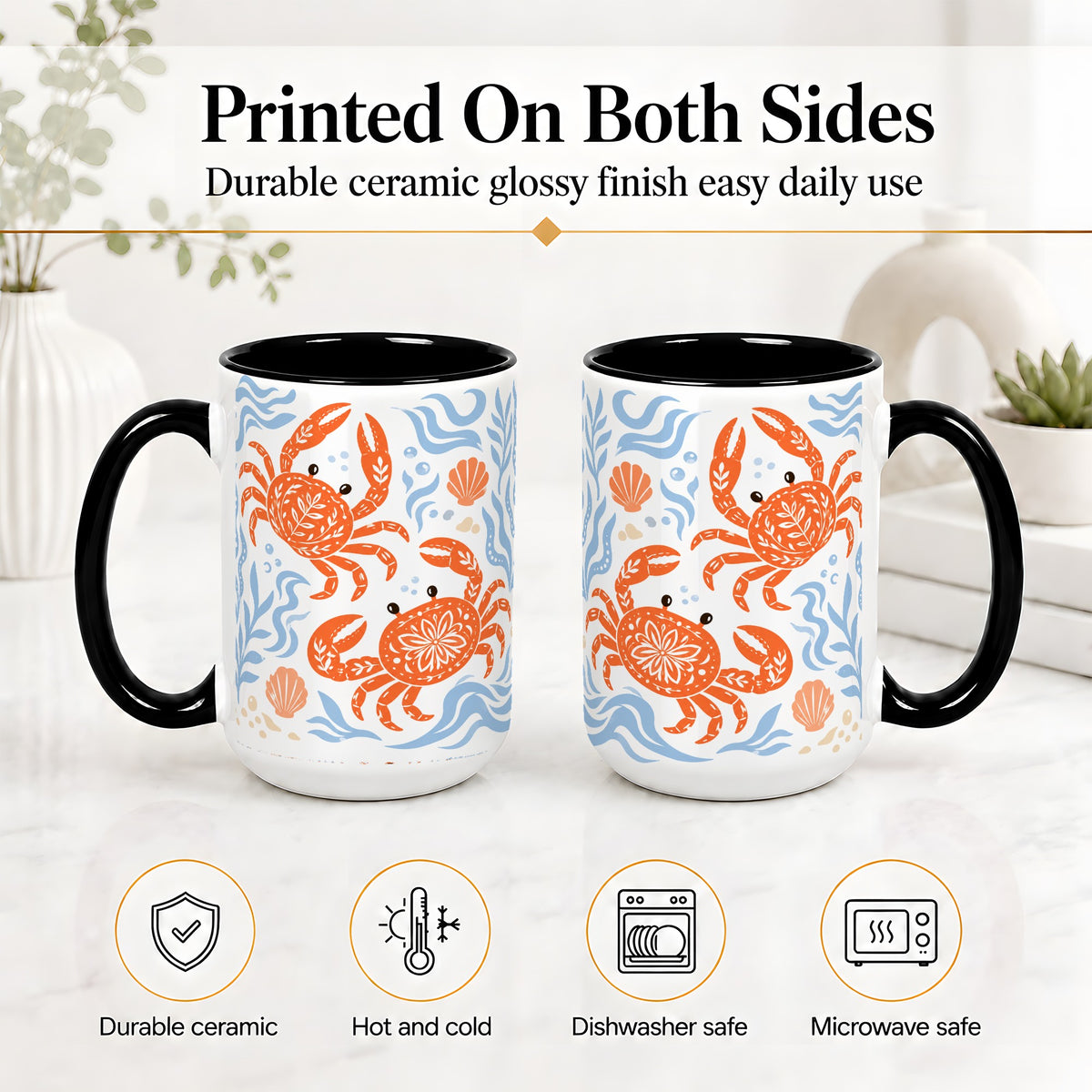 #pl[15oz|Black] Folk Art Crab Ceramic Mug, Coastal Sea Life Art for Ocean Lovers