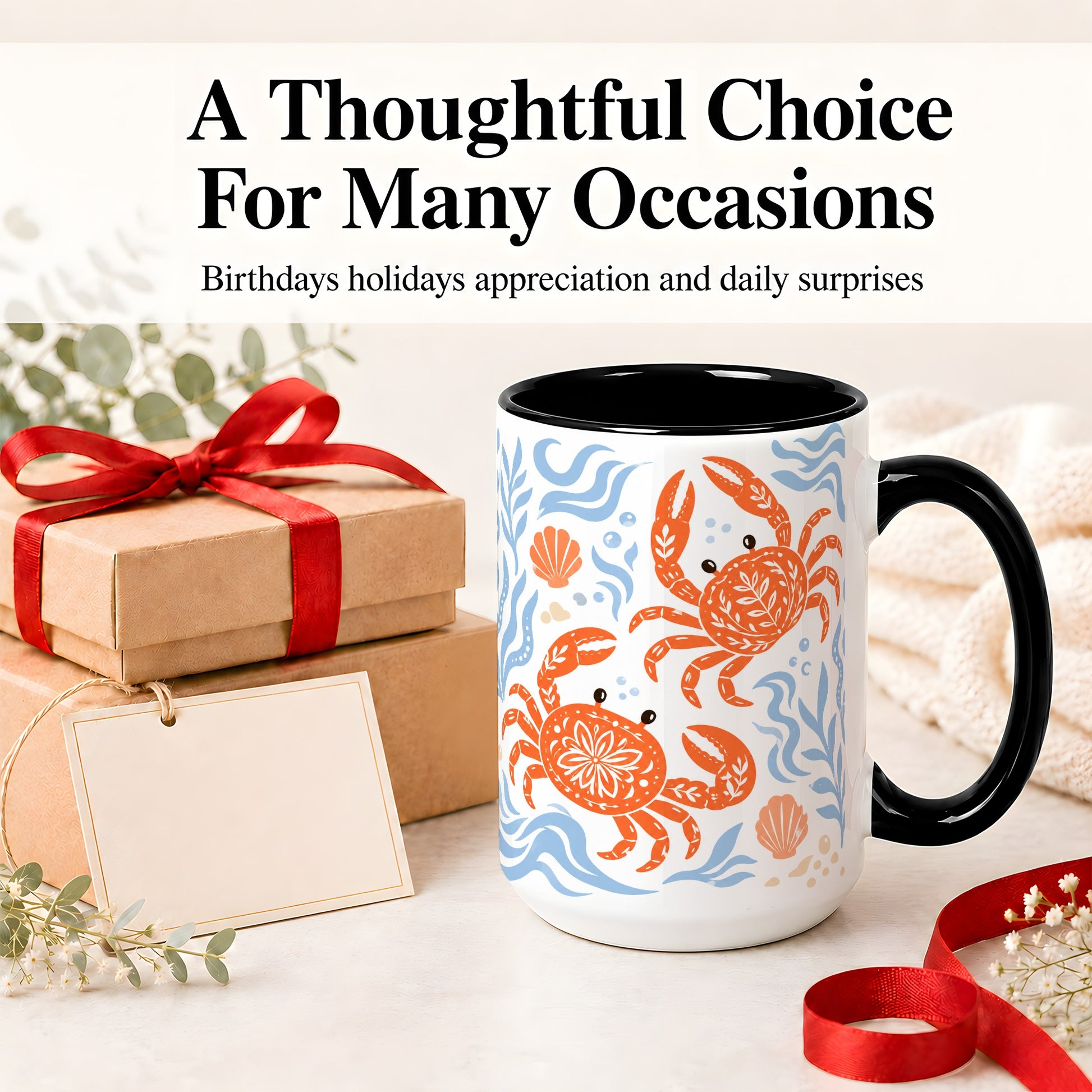 #pl[15oz|Black] Folk Art Crab Ceramic Mug, Coastal Sea Life Art for Ocean Lovers