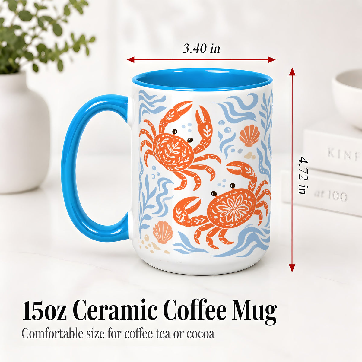 #pl[15oz|Blue] Folk Art Crab Ceramic Mug, Coastal Sea Life Art for Ocean Lovers