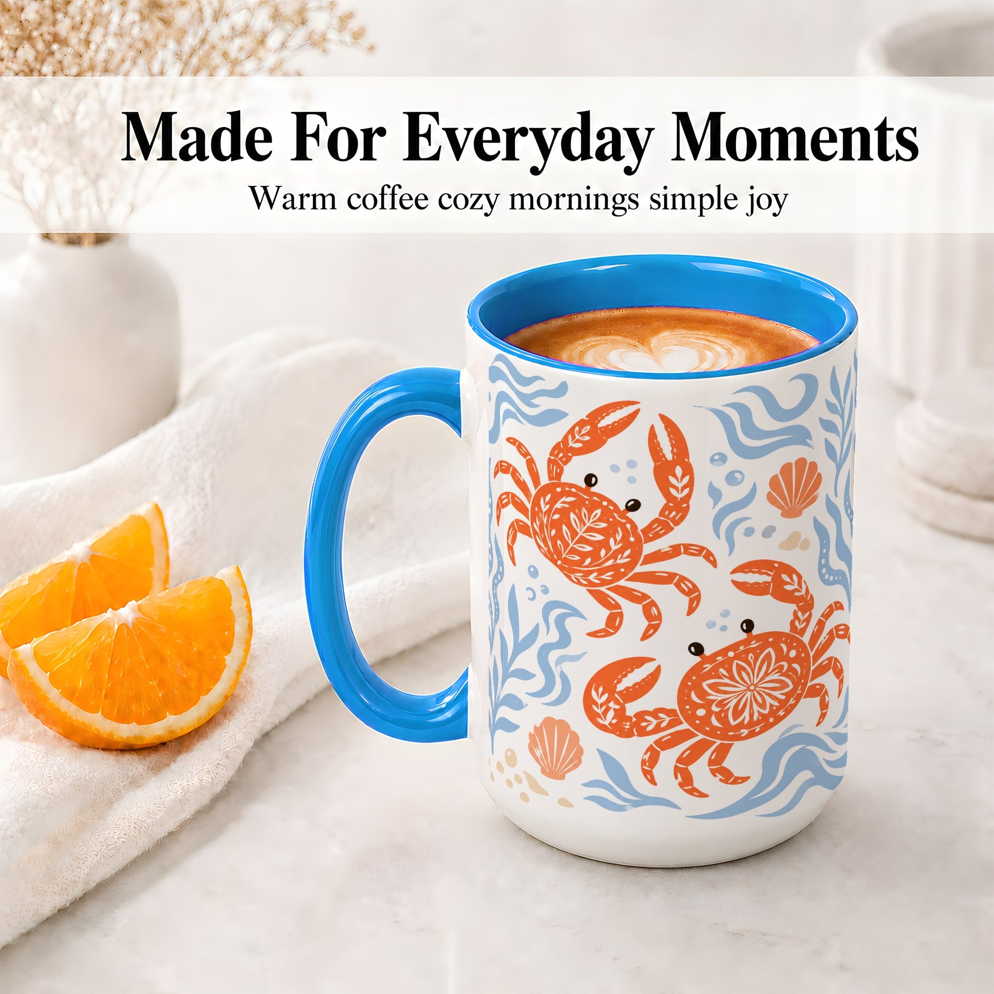 #pl[15oz|Blue] Folk Art Crab Ceramic Mug, Coastal Sea Life Art for Ocean Lovers