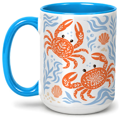 #pl[15oz|Blue] Folk Art Crab Ceramic Mug, Coastal Sea Life Art for Ocean Lovers