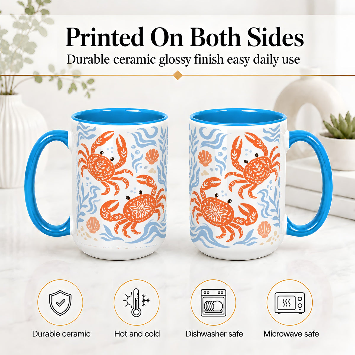 #pl[15oz|Blue] Folk Art Crab Ceramic Mug, Coastal Sea Life Art for Ocean Lovers