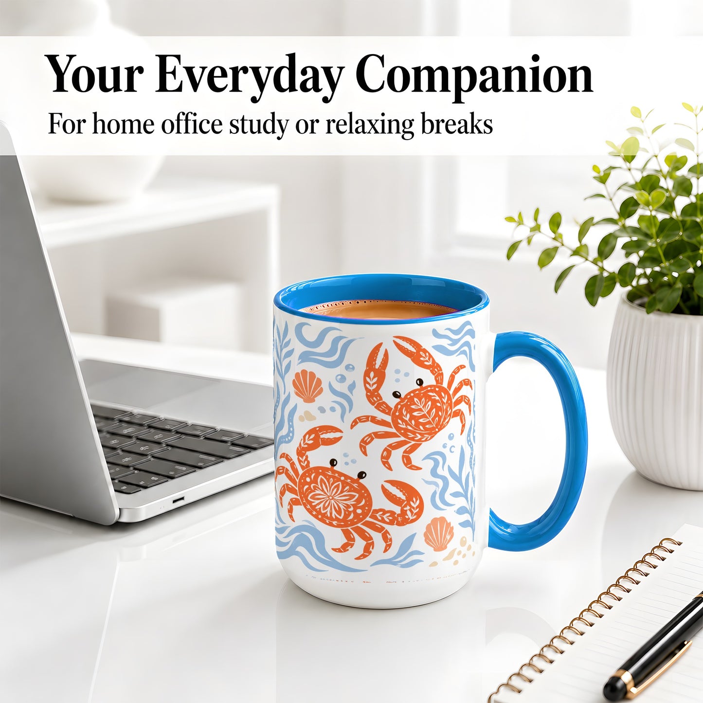 #pl[15oz|Blue] Folk Art Crab Ceramic Mug, Coastal Sea Life Art for Ocean Lovers