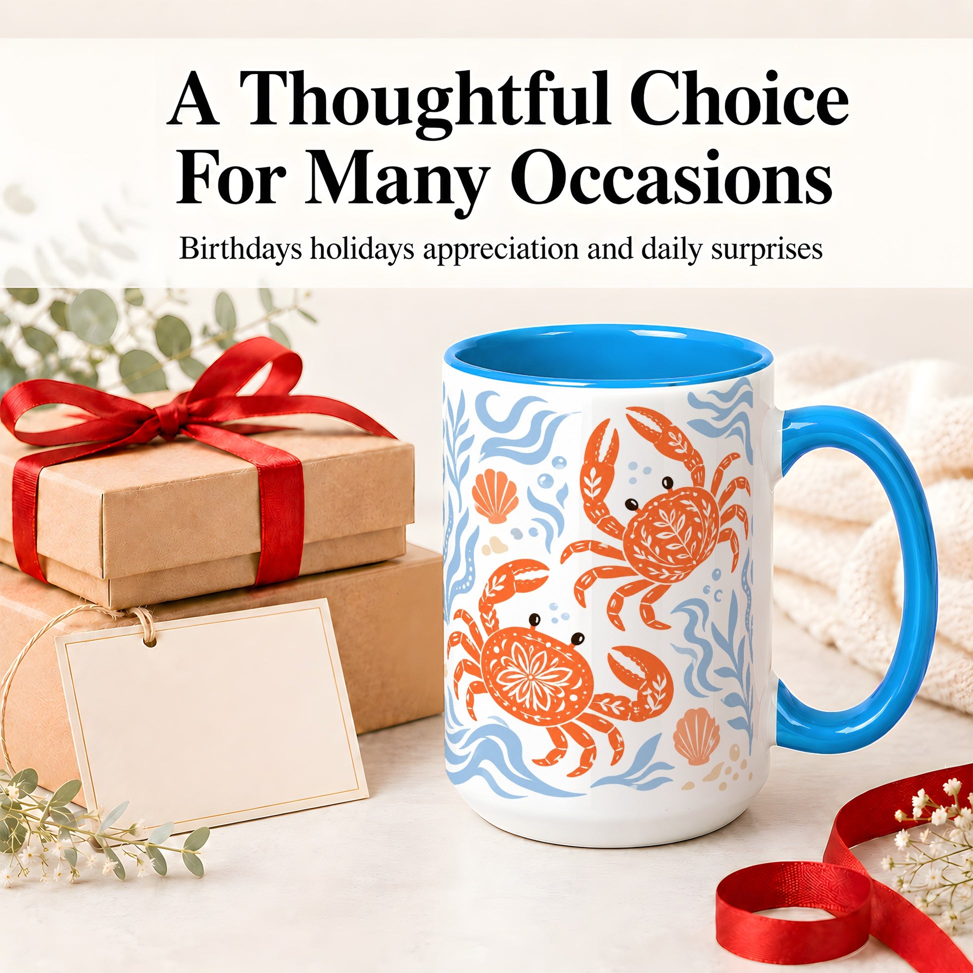 #pl[15oz|Blue] Folk Art Crab Ceramic Mug, Coastal Sea Life Art for Ocean Lovers