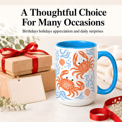 #pl[15oz|Blue] Folk Art Crab Ceramic Mug, Coastal Sea Life Art for Ocean Lovers