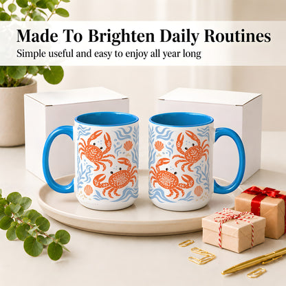 #pl[15oz|Blue] Folk Art Crab Ceramic Mug, Coastal Sea Life Art for Ocean Lovers
