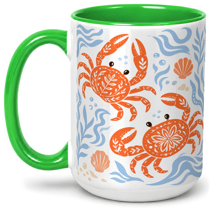 #pl[15oz|Green] Folk Art Crab Ceramic Mug, Coastal Sea Life Art for Ocean Lovers