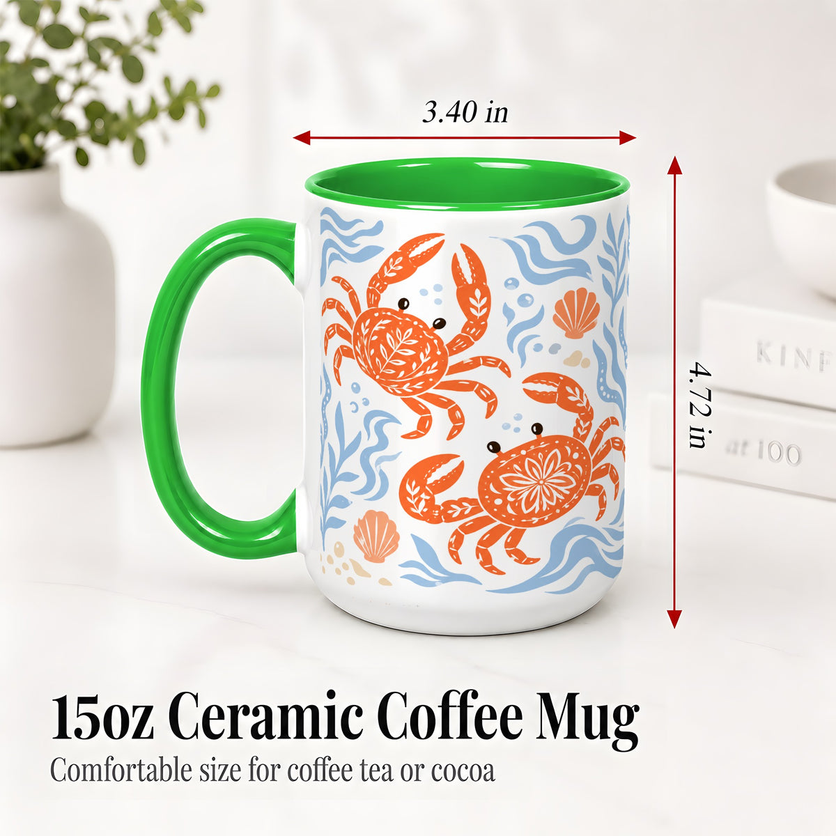 #pl[15oz|Green] Folk Art Crab Ceramic Mug, Coastal Sea Life Art for Ocean Lovers