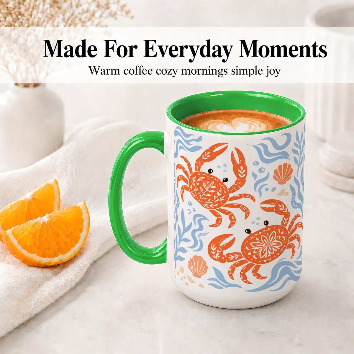 #pl[15oz|Green] Folk Art Crab Ceramic Mug, Coastal Sea Life Art for Ocean Lovers