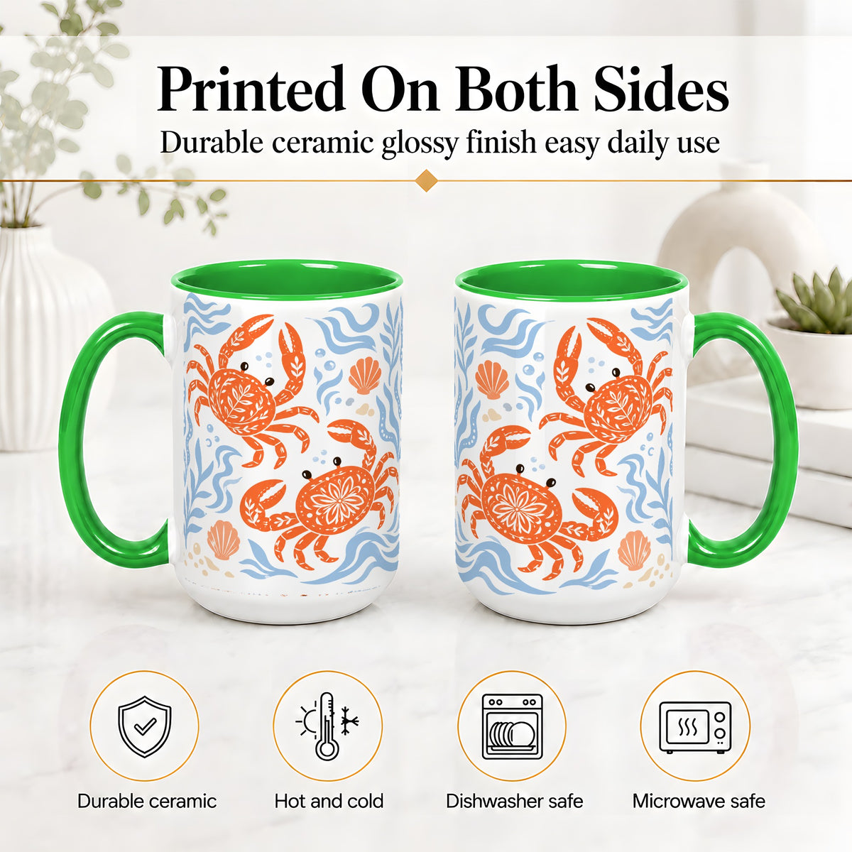 #pl[15oz|Green] Folk Art Crab Ceramic Mug, Coastal Sea Life Art for Ocean Lovers