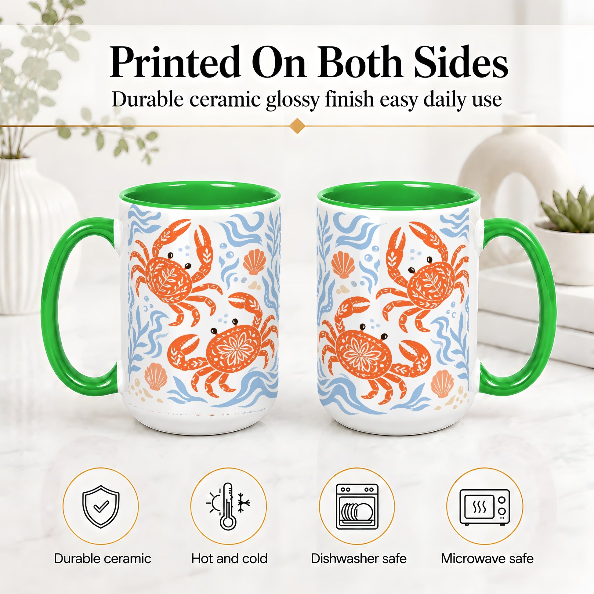 #pl[15oz|Green] Folk Art Crab Ceramic Mug, Coastal Sea Life Art for Ocean Lovers