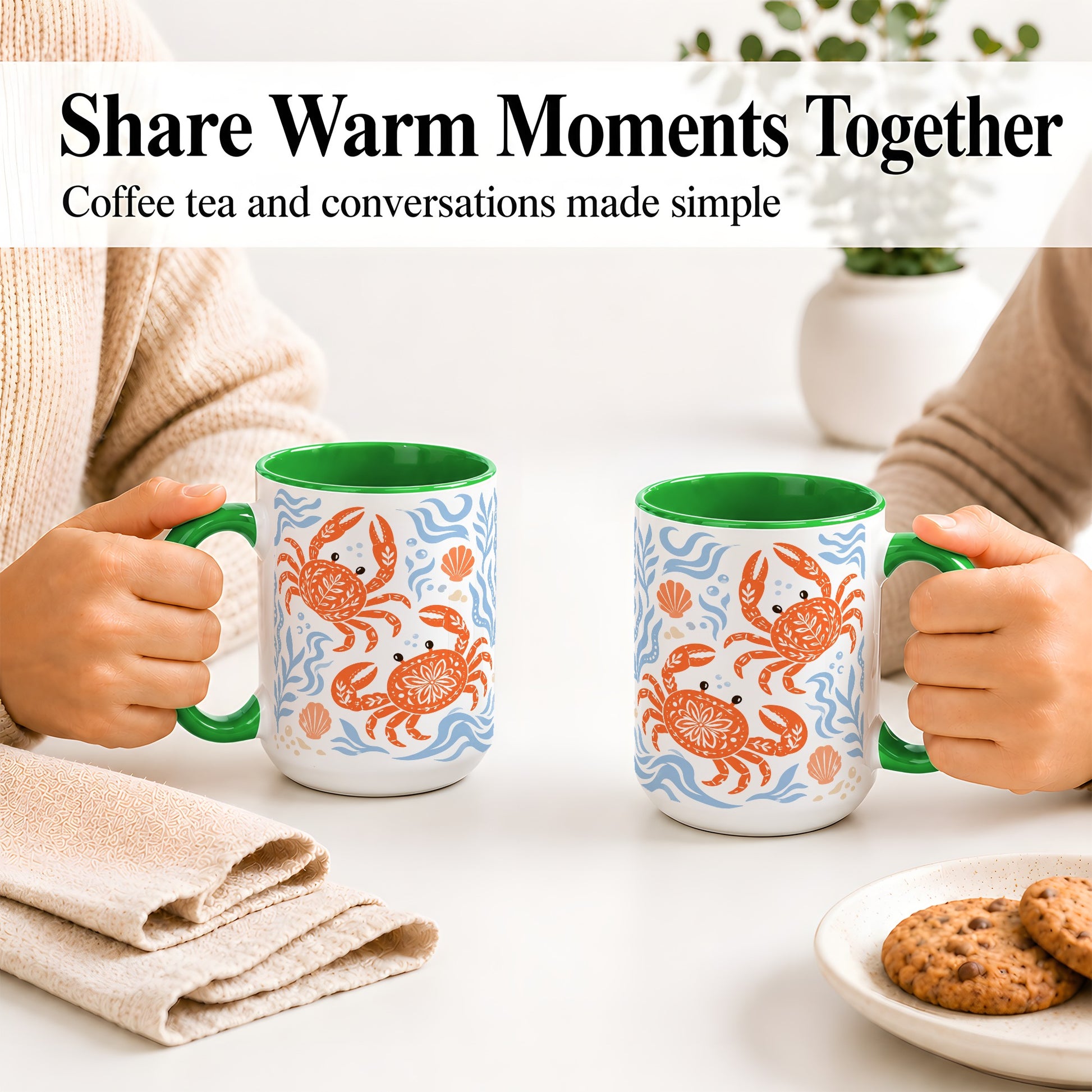 #pl[15oz|Green] Folk Art Crab Ceramic Mug, Coastal Sea Life Art for Ocean Lovers