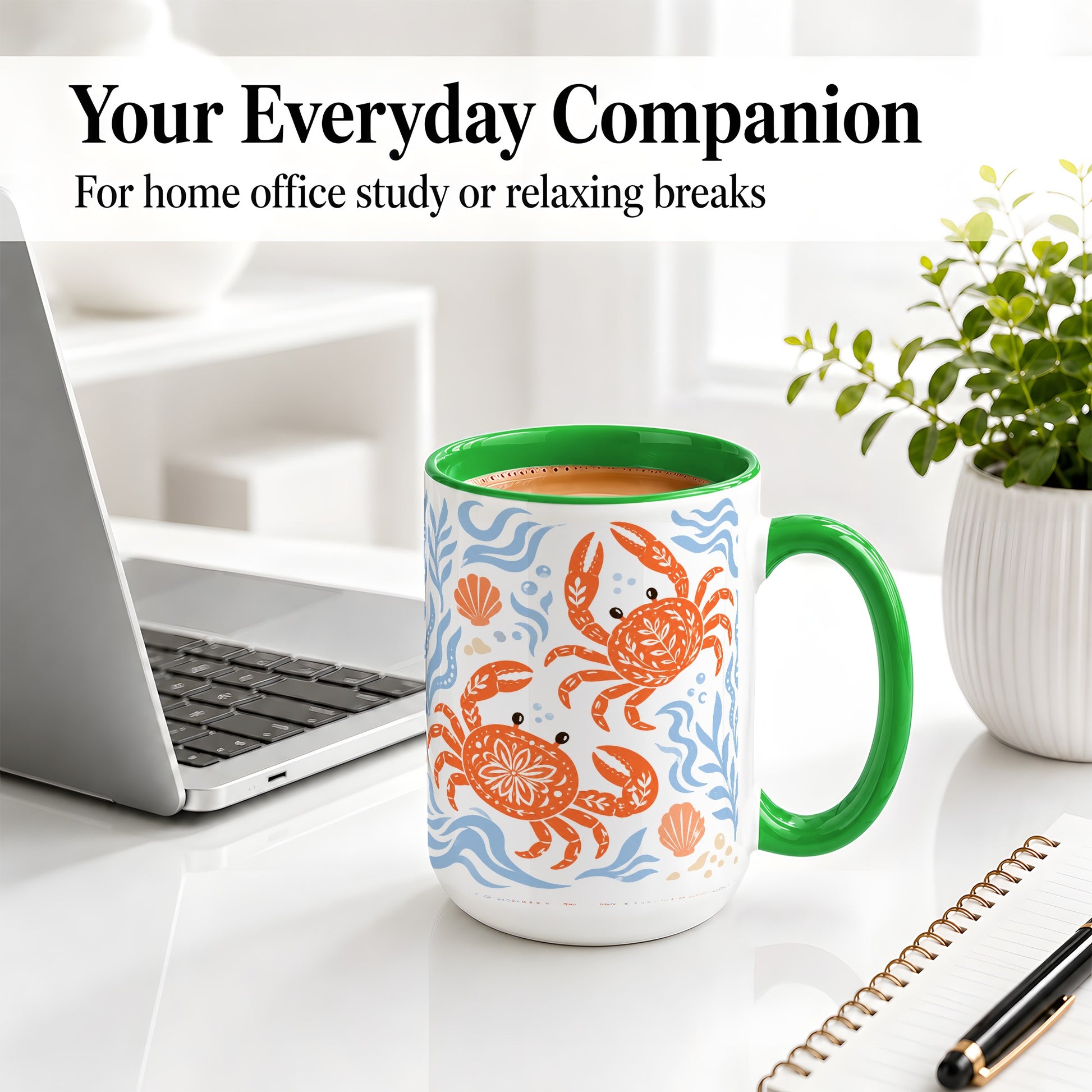 #pl[15oz|Green] Folk Art Crab Ceramic Mug, Coastal Sea Life Art for Ocean Lovers