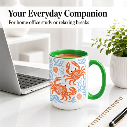 #pl[15oz|Green] Folk Art Crab Ceramic Mug, Coastal Sea Life Art for Ocean Lovers