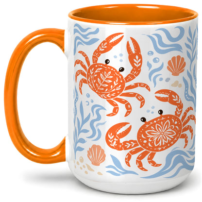 #pl[15oz|Orange] Folk Art Crab Ceramic Mug, Coastal Sea Life Art for Ocean Lovers