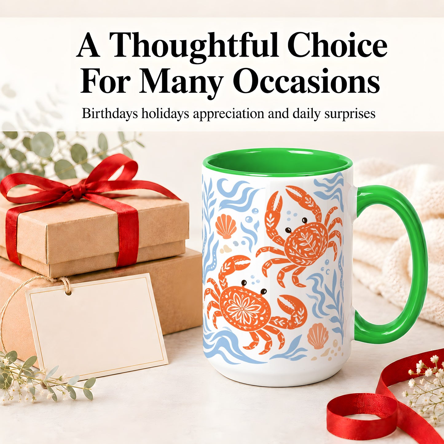 #pl[15oz|Green] Folk Art Crab Ceramic Mug, Coastal Sea Life Art for Ocean Lovers