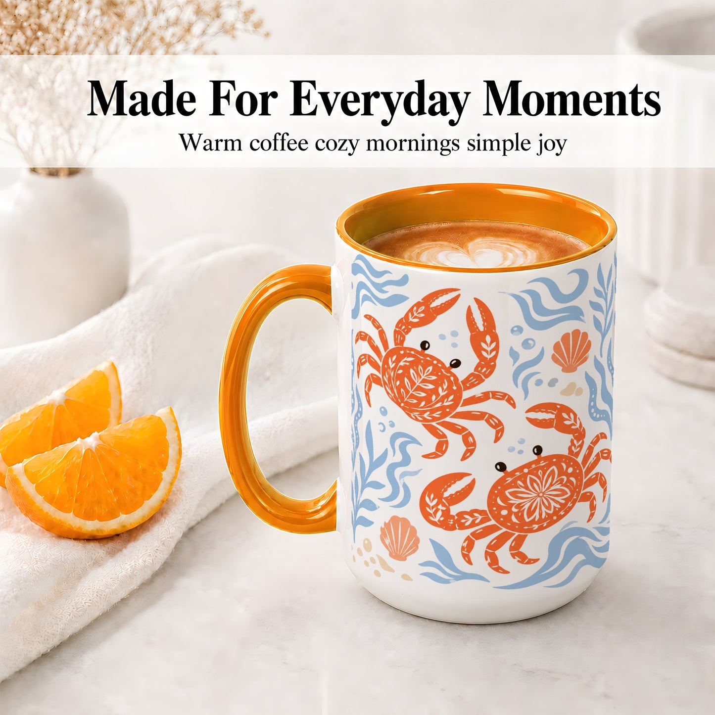 #pl[15oz|Orange] Folk Art Crab Ceramic Mug, Coastal Sea Life Art for Ocean Lovers