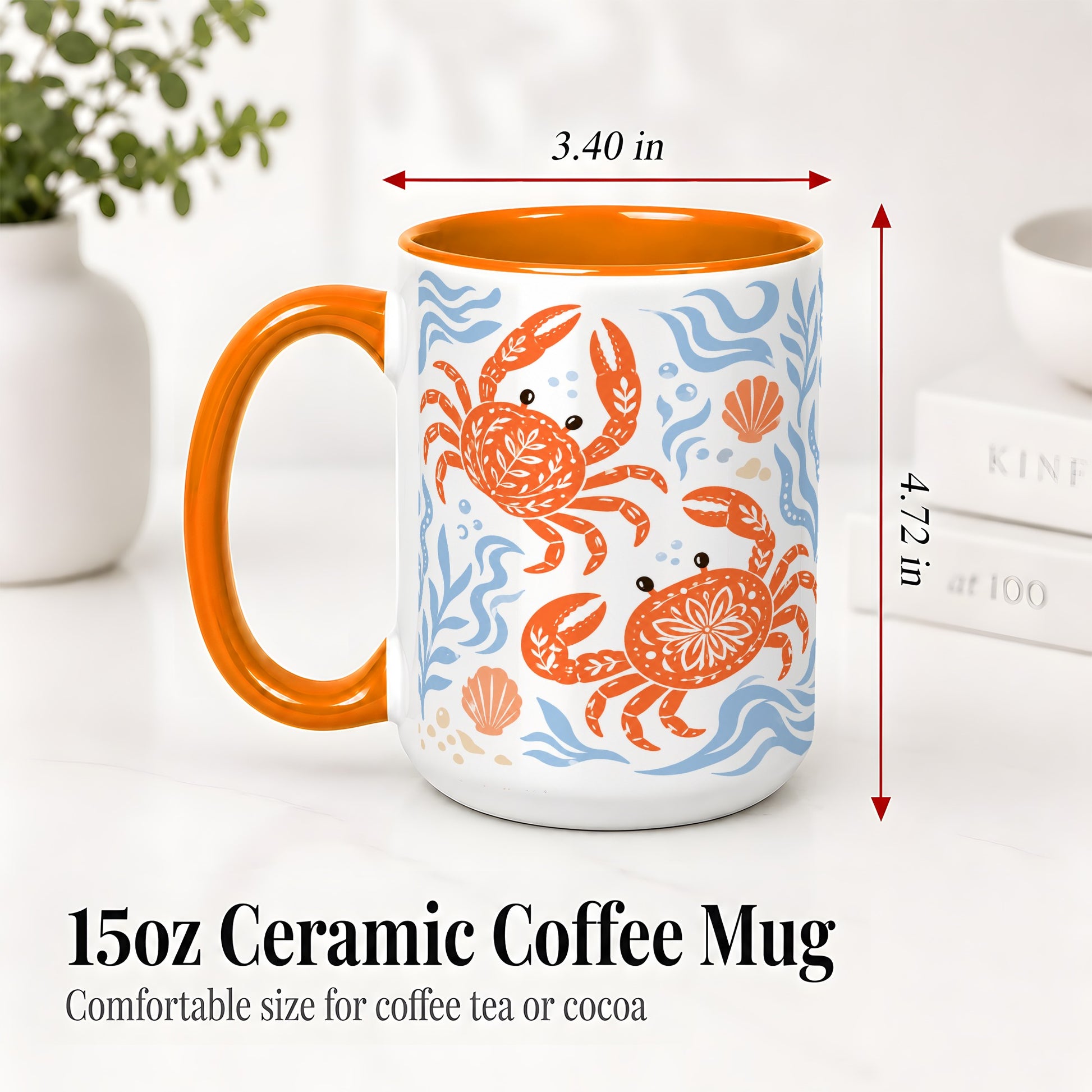 #pl[15oz|Orange] Folk Art Crab Ceramic Mug, Coastal Sea Life Art for Ocean Lovers
