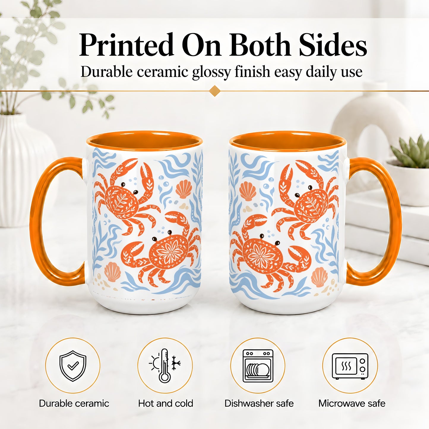 #pl[15oz|Orange] Folk Art Crab Ceramic Mug, Coastal Sea Life Art for Ocean Lovers