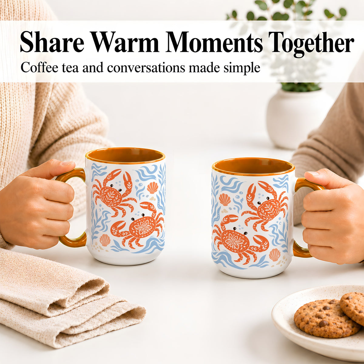 #pl[15oz|Orange] Folk Art Crab Ceramic Mug, Coastal Sea Life Art for Ocean Lovers