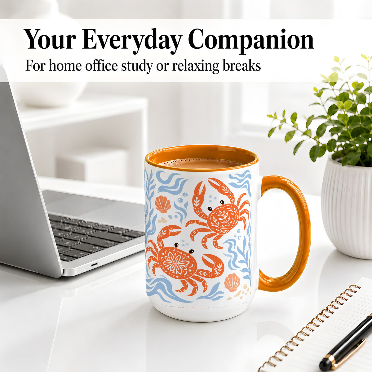#pl[15oz|Orange] Folk Art Crab Ceramic Mug, Coastal Sea Life Art for Ocean Lovers