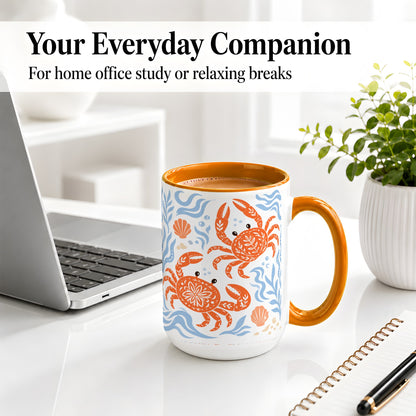 #pl[15oz|Orange] Folk Art Crab Ceramic Mug, Coastal Sea Life Art for Ocean Lovers