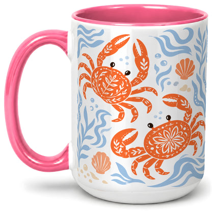 #pl[15oz|Pink] Folk Art Crab Ceramic Mug, Coastal Sea Life Art for Ocean Lovers