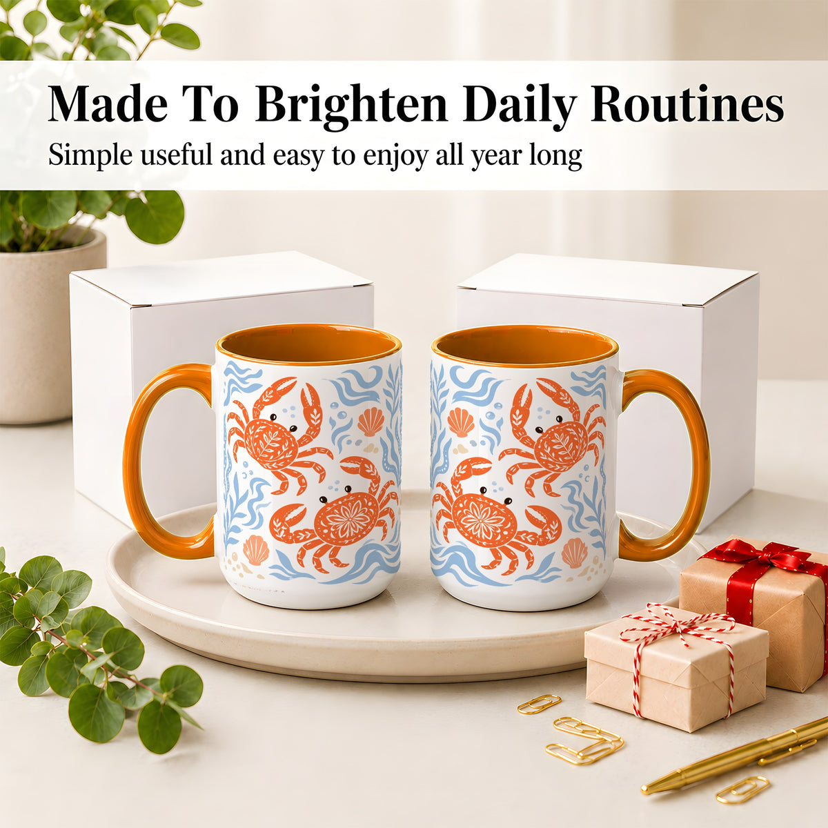 #pl[15oz|Orange] Folk Art Crab Ceramic Mug, Coastal Sea Life Art for Ocean Lovers