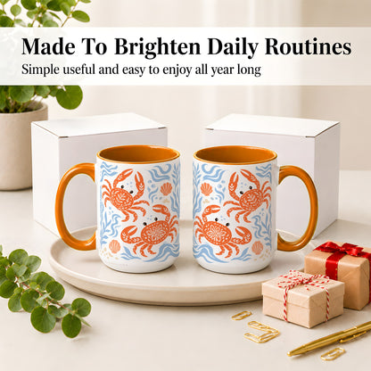 #pl[15oz|Orange] Folk Art Crab Ceramic Mug, Coastal Sea Life Art for Ocean Lovers