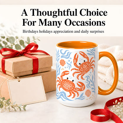 #pl[15oz|Orange] Folk Art Crab Ceramic Mug, Coastal Sea Life Art for Ocean Lovers