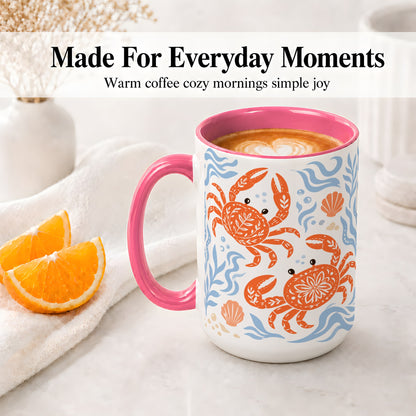 #pl[15oz|Pink] Folk Art Crab Ceramic Mug, Coastal Sea Life Art for Ocean Lovers