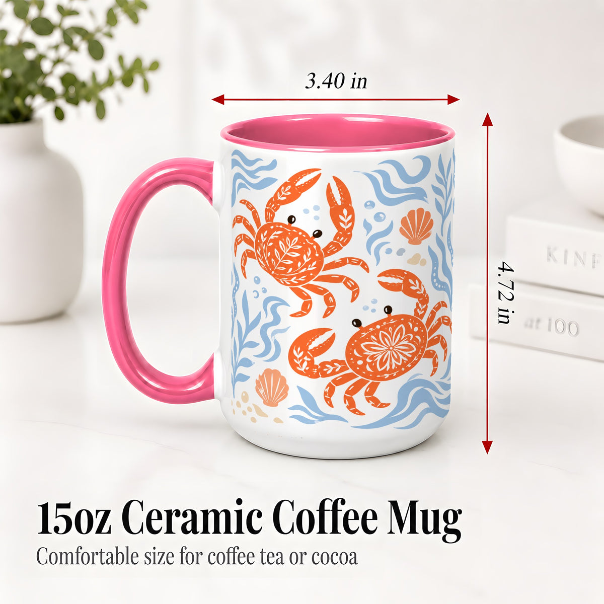 #pl[15oz|Pink] Folk Art Crab Ceramic Mug, Coastal Sea Life Art for Ocean Lovers