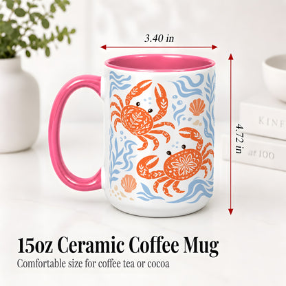 #pl[15oz|Pink] Folk Art Crab Ceramic Mug, Coastal Sea Life Art for Ocean Lovers